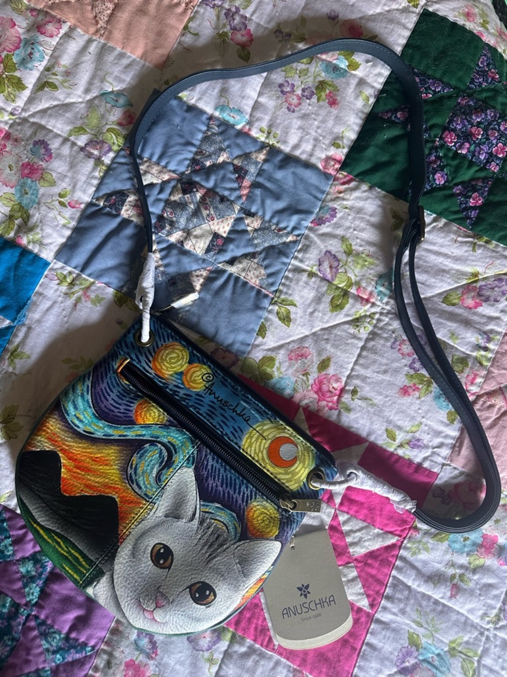 Anuschka Blue Multicolor Cat Hand-Painted Leather Crossbody